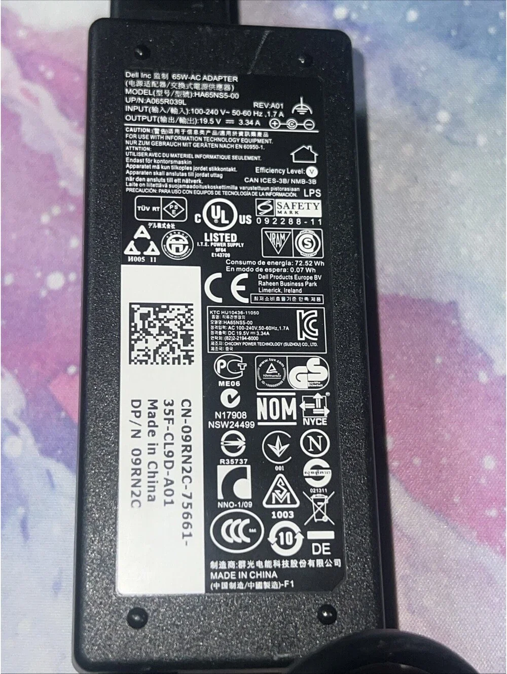 Genuine DELL HA65NS5-00 A065R039L 09RN2C 19.5V 3.34A 65W AC Charger Power Cord